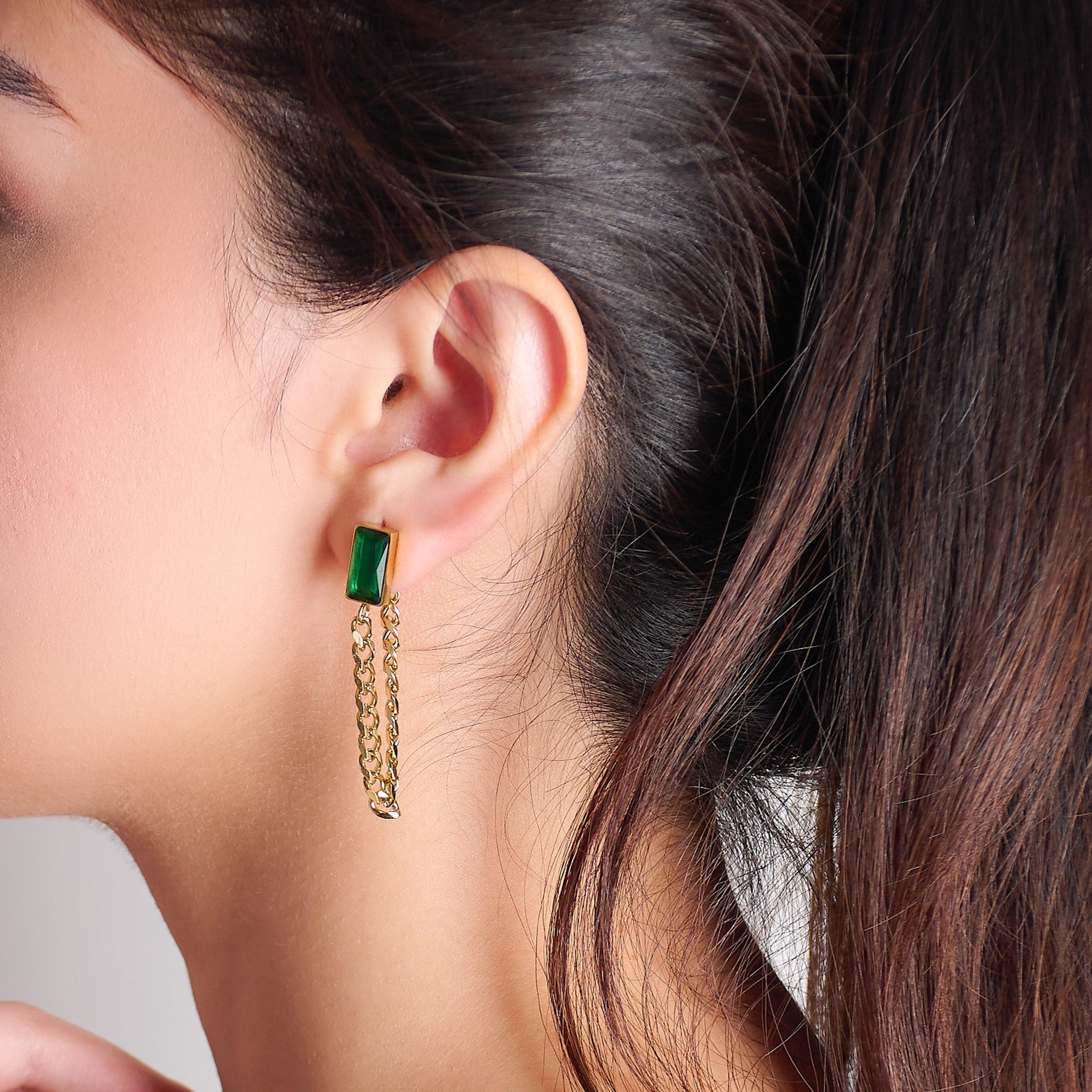 Chain Earring (Emerald Green and Gold) | 18kt Gold Plated