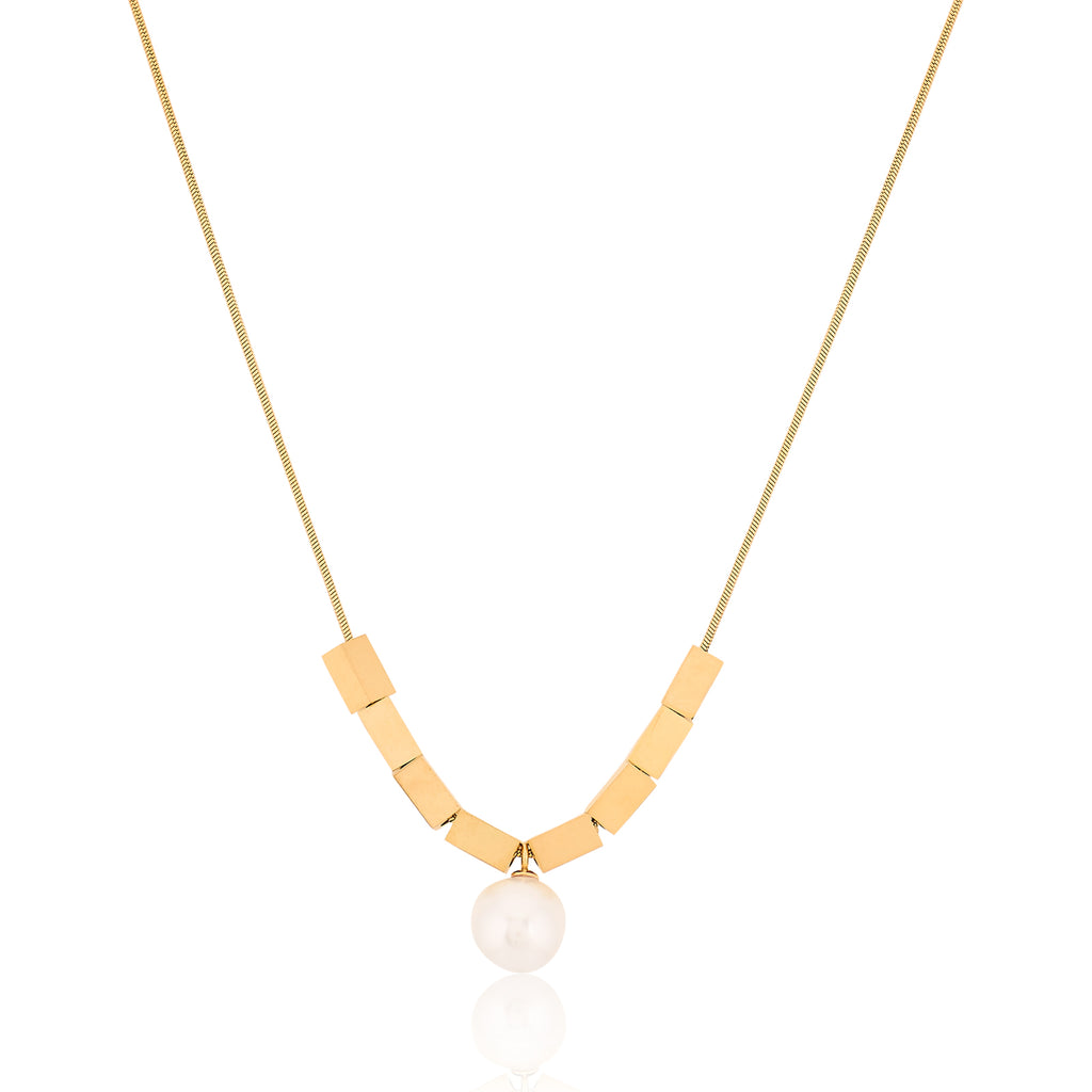 Pearl & Cuboid Necklace (Gold) | 18kt Gold Plated